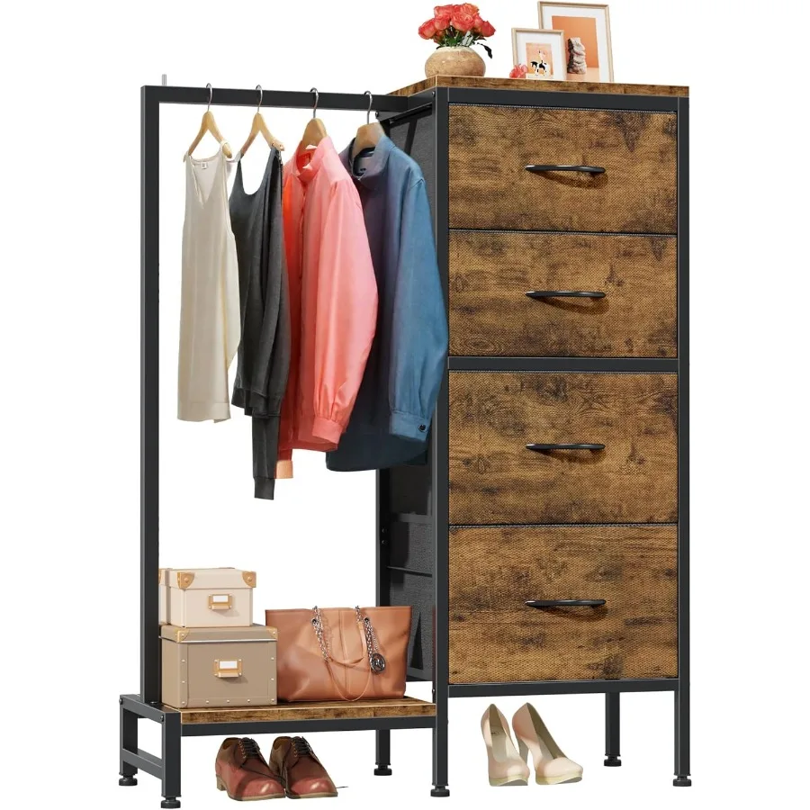 خزانة مع رف معلق 4 أدراج، خزانة صغيرة لغرفة النوم، خزانة ذات أدراج من القماش قابلة للعكس مع رف ملابس، تخزين طويل القامة #1