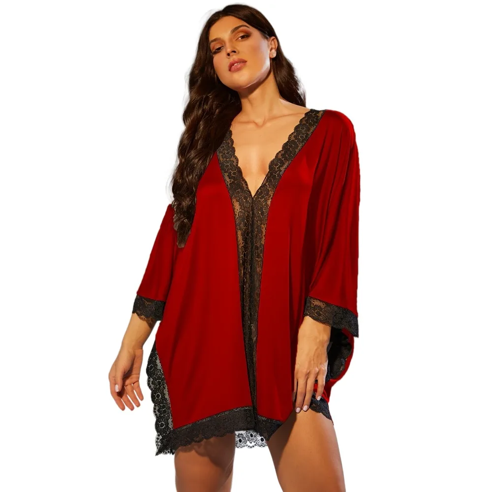 حجم كبير 1XL-5XL موضة فضفاضة فستان النوم عادية عميق الخامس فستان بأكمام قصيرة السيدات مثير الدانتيل بألواح منامة فستان