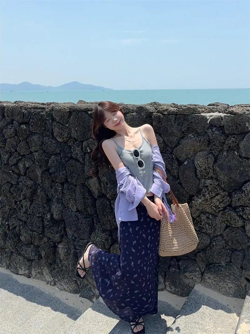 

Spring 2026 New Women's Casual Floral Print Three-Piece Set Sun Protection Inner Wear Strap Shirt Top High Waist Skirt