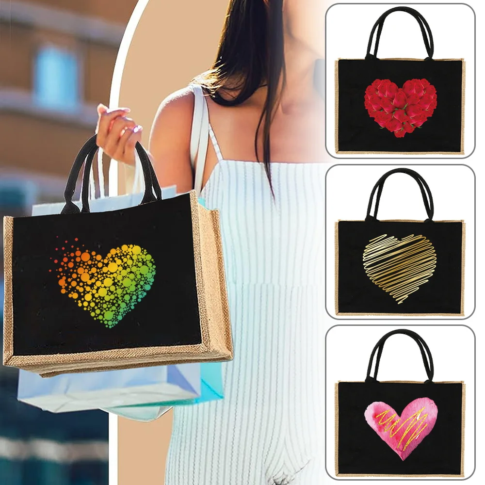 

Jute Handbag Shoulder Bag Jute Imitation Sacks Linen Bags Women Shopping Pouch Designer Laminated Bags Various Shapes of Love