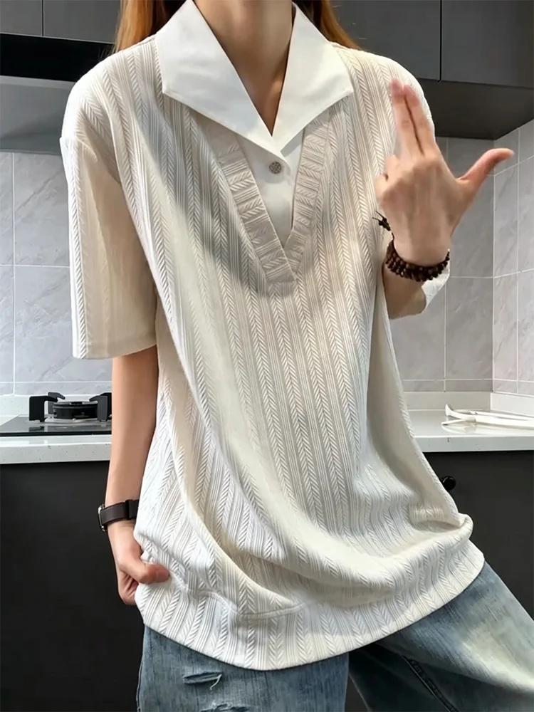 Cleanfit White Ice Silk  Shirt Short Sleeve Men's Summer Wheat Spike Texture T-Shirt Fake Two-Piece Youth Fashion Casual ...