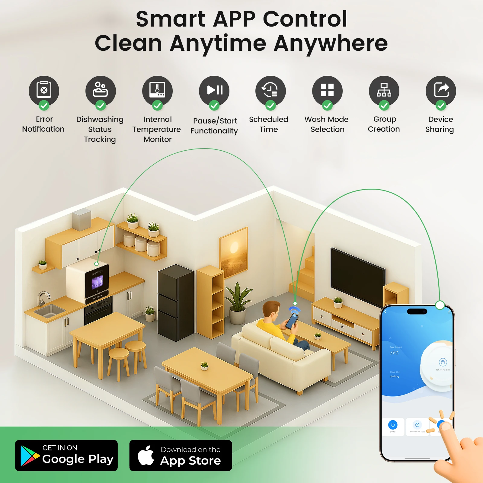 BlitzHome BH-6-CDW1 Smart Portable Countertop Dishwasher 5.2L Built-in Water Tank 9 Programs PTC Hot Air Drying With APP Control