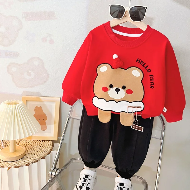 Baby clothes 2024 new children\'s bear suit boys and girls\' letter long sleeve trousers leisure two-piece simple sportswear