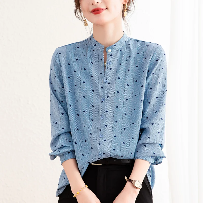 Long Sleeve Heart Print Stand Collar Shirt for Middle-Aged Women Spring Autumn Open Cardigan Style Polyester Casual Commute S...