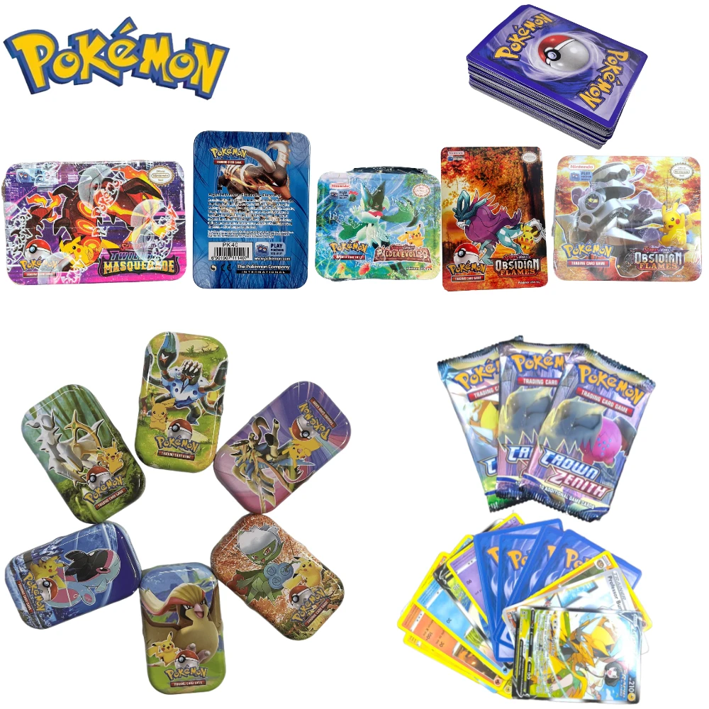 41/42/48/68/118/210 pçs caixa de metal ferro pokemon cartas de negociação jogo branco flare pikachu jogo anime cartões bancários para crianças presente