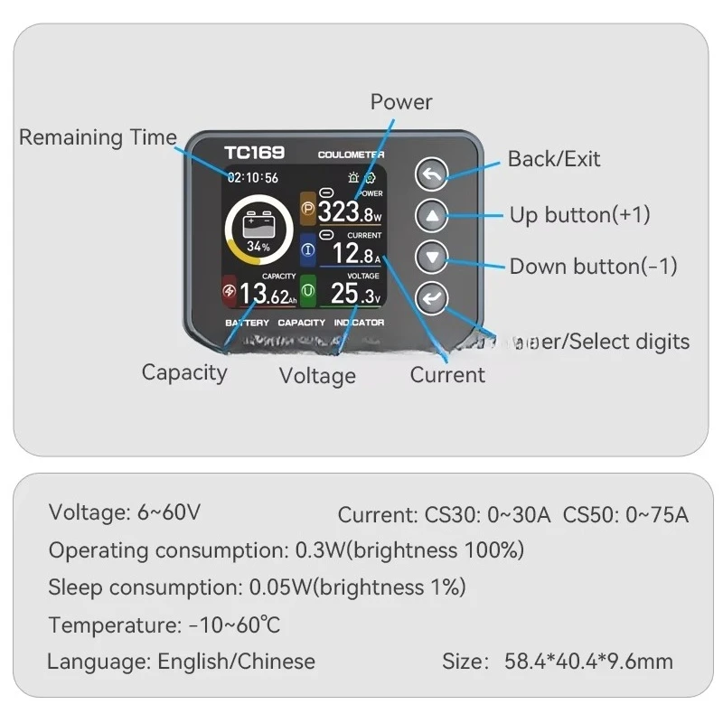 Yixingmicro TC169 عالية الدقة شاشة البطارية الذكية تهمة التفريغ الجهد مؤشر قدرة البطارية متر فاحص