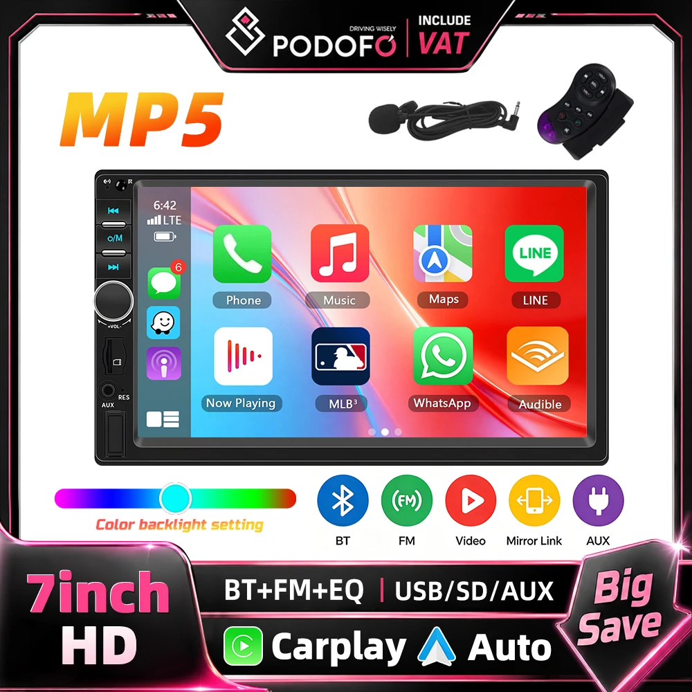 Podofo 7 Zoll 2Din Autoradio mit Touchscreen, Kabelgebundenes Carplay, Android Auto, Bluetooth, FM-Radioempfänger, Unterstützung für Rückfahrkamera-System, AUX, USB, Lenkradfernbedienung, Universelles