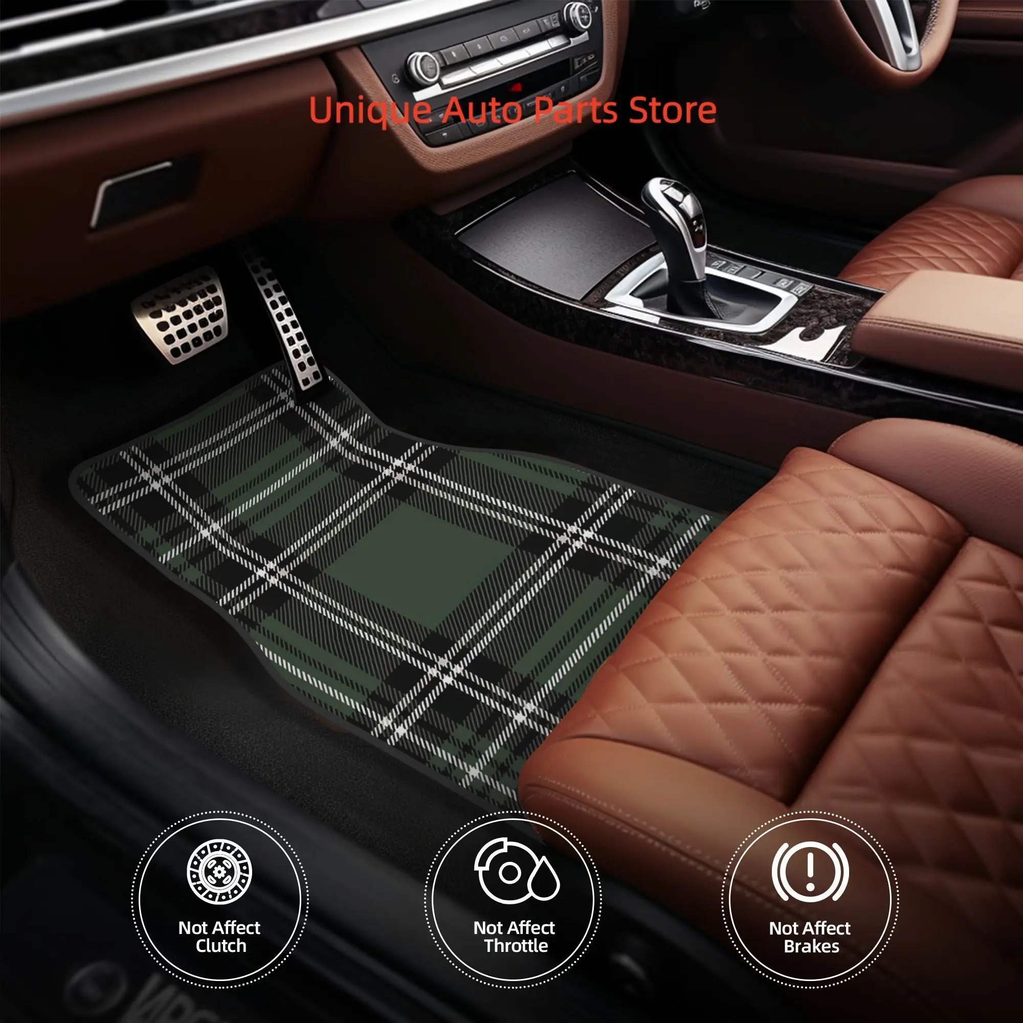 4pcs Olive Green, Soft Ivory, And Black Big Tartan Pattern Car Floor Mats, Durable Polyester Fiber, Fit for Cars, Vehicle Interi