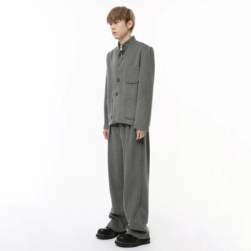 IEFB Chinese Style Men's Two-piece Stand Collar Woolen Multi-pocket Single Breasted Jackets Pleated Wide Leg Male Pants 9C8728