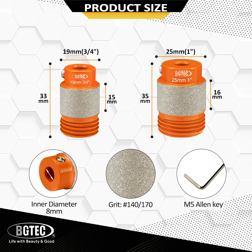 BGTEC 19/25mm Strumenti per testa di punta per smerigliatrice diamantata in vetro colorato con filettatura 1/2 pezzi per smerigliatrice per vetro Piastrelle di ceramica Porcellana