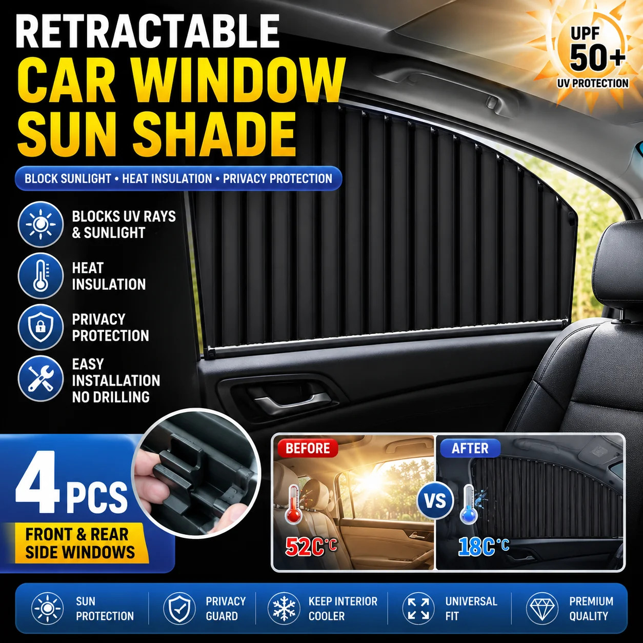 Einziehbarer Auto-Fenstervorhang Seitlicher Sonnenschutz Privatsphärenabdeckung Gleitschiene UV-Schutz Innenrollo Auto-Zubehör 4 Stück