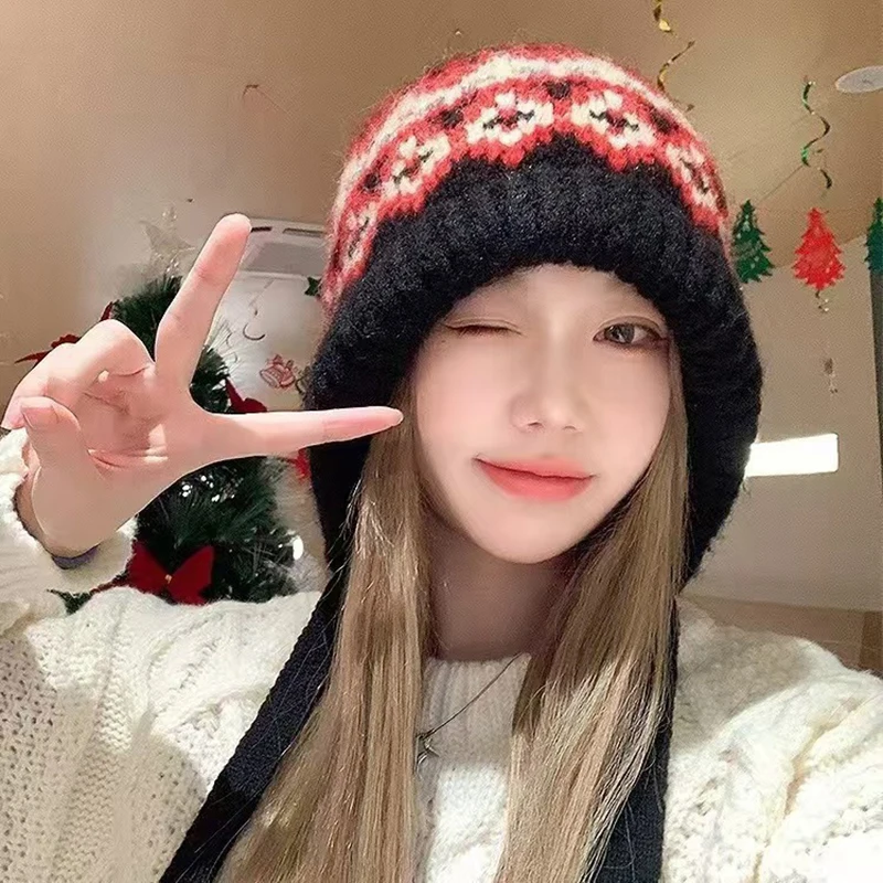 Ethnic Retro Striped Spliced Knitted Hat Autumn Winter Thickened Warm Brimless Ear Protection Woolen Cap Cold Resistant Women