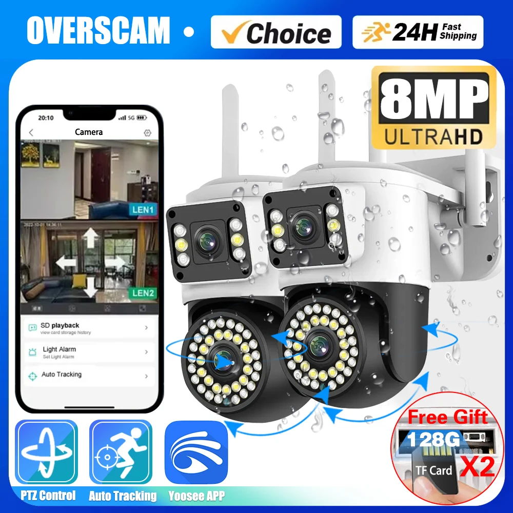 YOOSEE-Câmera IP de Segurança ao Ar Livre com Lente Dupla, PTZ Smart Home, Visão Noturna, Rastreamento Automático, Mais Luz LED, WiFi, 8MP, 4K