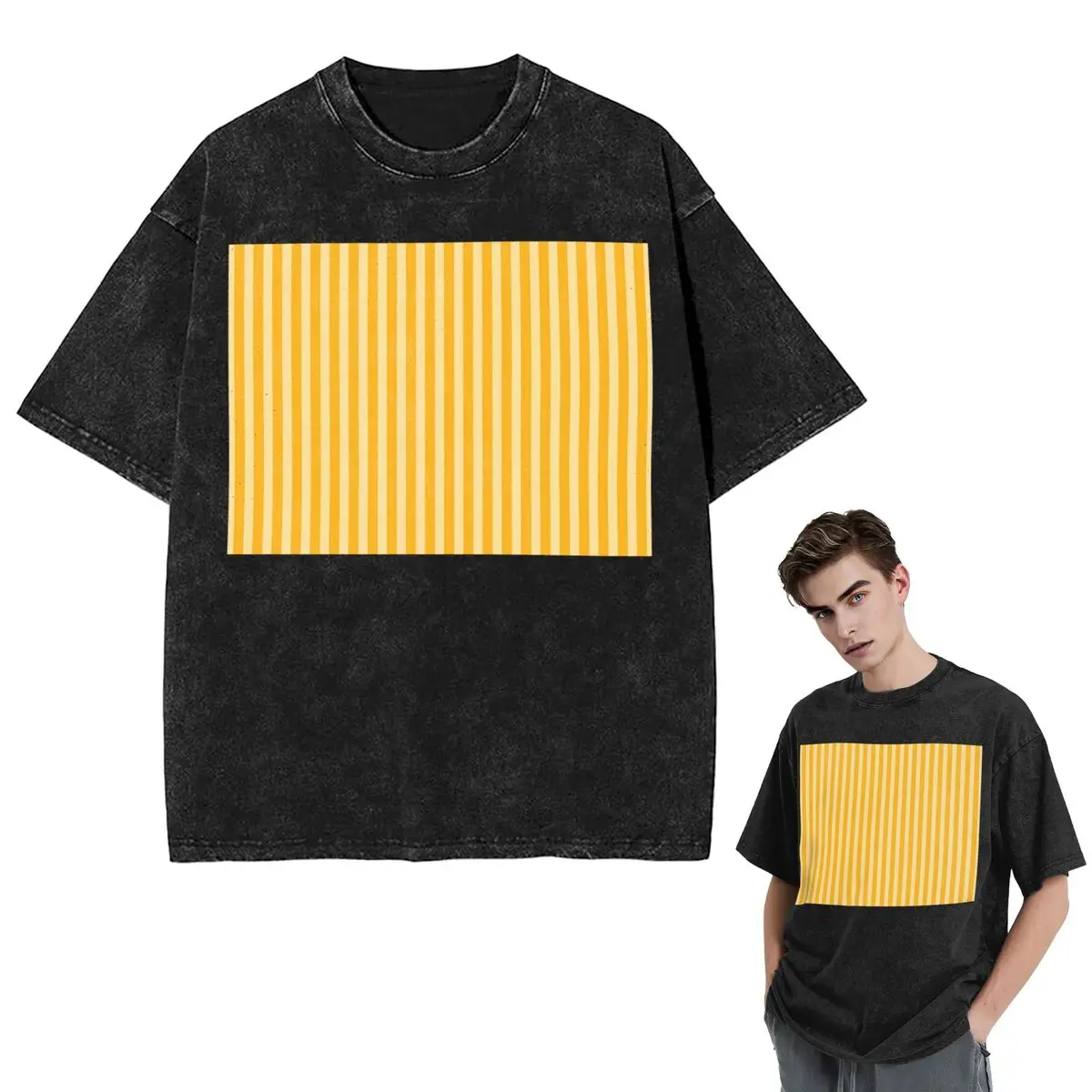 

Streetwear T-Shirts Striped Vertical 2 Yellow Washed T Shirt Short Sleeve Hip Hop T-Shirt Tops Tees for Men Women