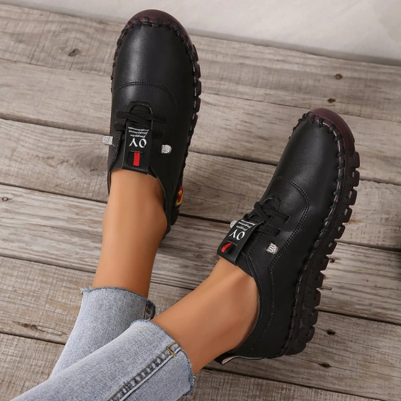 2025 New Sneakers Women Shoes Lace Up Leather Women's Shoes  Casual comfortable Hand Sewing Thread Mom Shoes Zapatillas De Mujer