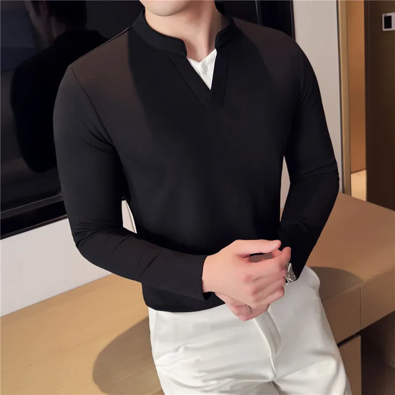 Men Spring High Quality Long Sleeve T-shirts Men's V-neck Fake 2 Pieces Stretch T-shirt Add Size 4XL-M