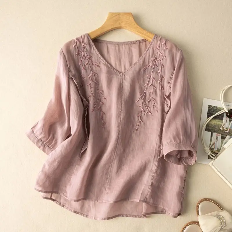 2024 Summer New Women\'s Pullovers Minimalist Commuter V-Neck Embroidery Elegant Loose Comfortable Three Quarter Chiffon Tops