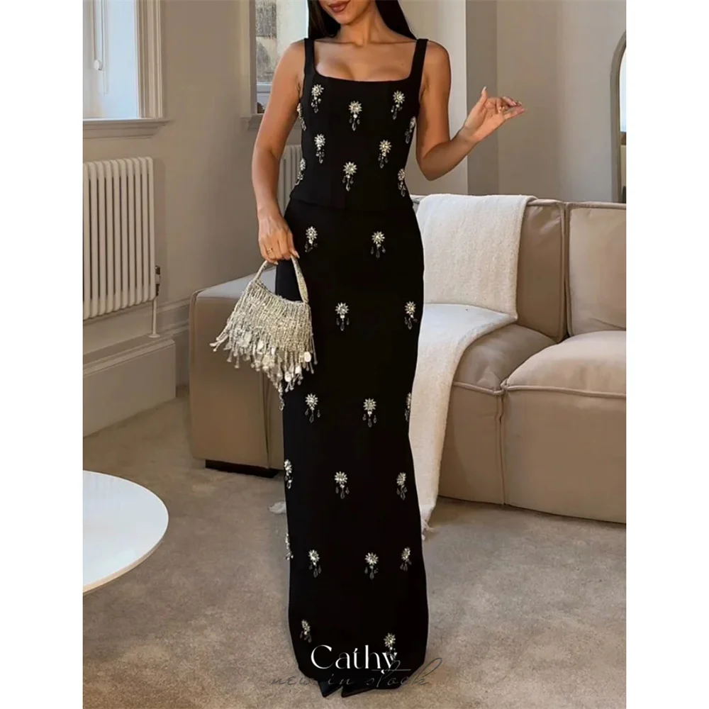 

Cathy Customize Black Column Crystal Floral Pin Prom Dresses Square Collar Elegant vestidos de noiva Floor-Length Formal Evening
