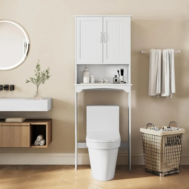 Over The Toilet Cabinet, Double Door Bathroom Storage Organizer, Toilet Rack with Inner Adjustable Shelf and Open