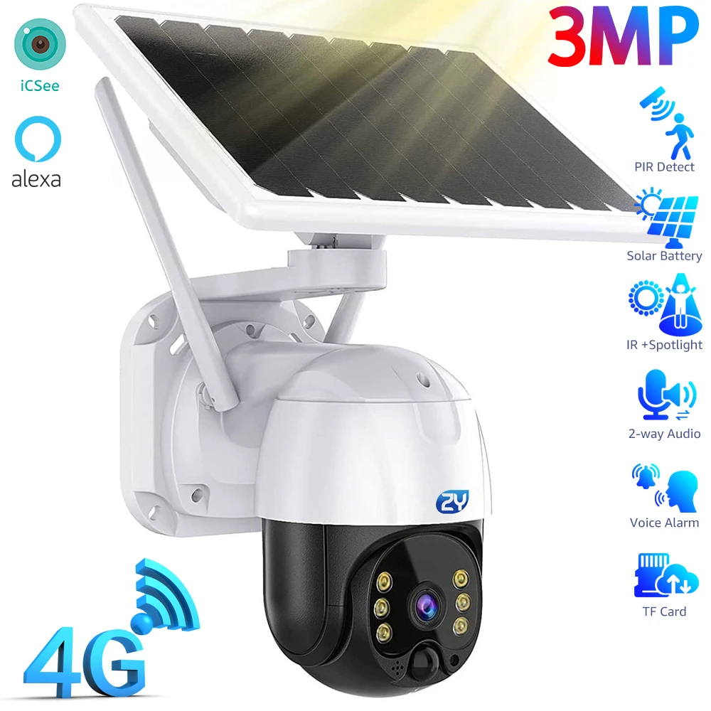 4G SIM Card Solar Surveillance Camera PIR Human Detect Battery Power PTZ IP Camera Color Night Vision CCTV Security Camera iCsee