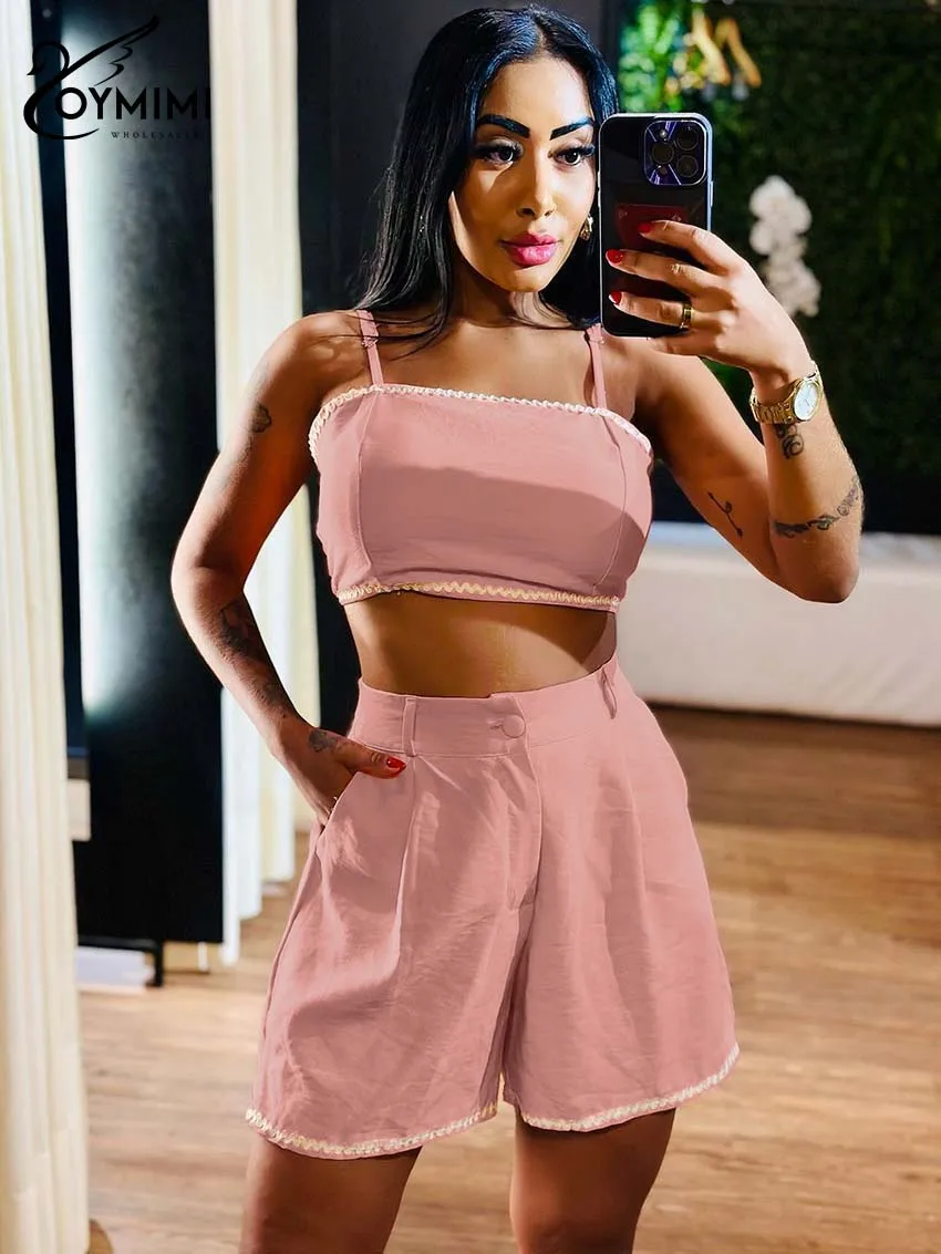 

Oymimi Casual Pink Lace 2 Piece Sets Woman Outfit Elegant Spaghetti Strap Crop Tops And Button High Waist Pockets Shorts Sets