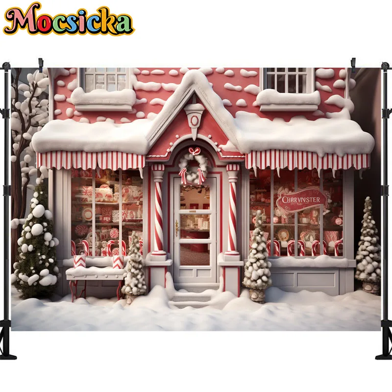 모시카 크리스마스 진저브레드 하우스 배경, 크리스마스 트리, 겨울 눈 눈사람 아기 초상화, 가족 파티 사진 배경