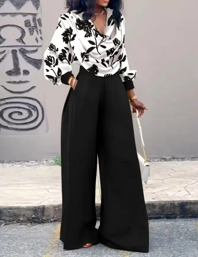 우아한 2피스 의상 플로럴 프린트 카울넥 랜턴 소매 신축성 있는 밑단 크롭탑 캐주얼 밴딩 허리 와이드 레그 팬츠 세트