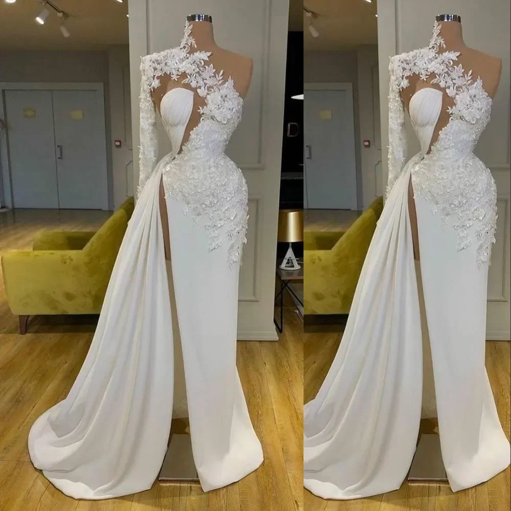 Vestidos De novia De sirena con Apliques De encaje De cuello alto personalizados, tren De barrido, batas laterales divididas, foto Real, vestido De novia