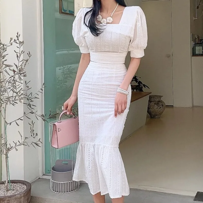 

Floral Embroidery White Two Piece Sets Women Summer Korean Chic Elegant Square Neck Skirts Sets Office Lady Streetwear