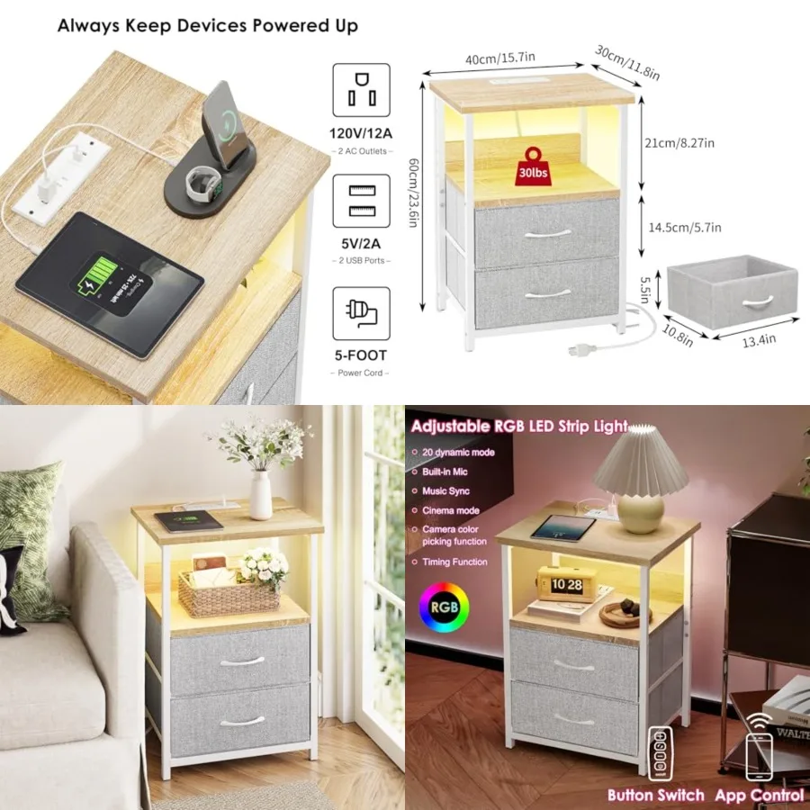 

Night Stand with Charging Station, LED Nightstand with U-S-B Ports and Outlets, 2 Fabric Storage Drawers with PU Finish, Small