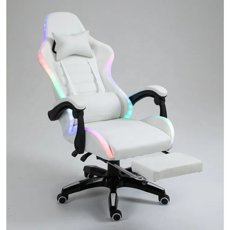 Full White PU Leather Computer PC Game Chair Silla Gamer Led RGB Racing Massage Gaming  With Lights And Speakers