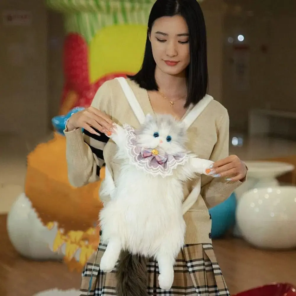 Sac à dos chat moelleux aux cheveux longs, Super réaliste, chat Ragdoll, mignon, pour femmes, bandoulière amovible, nœud papillon
