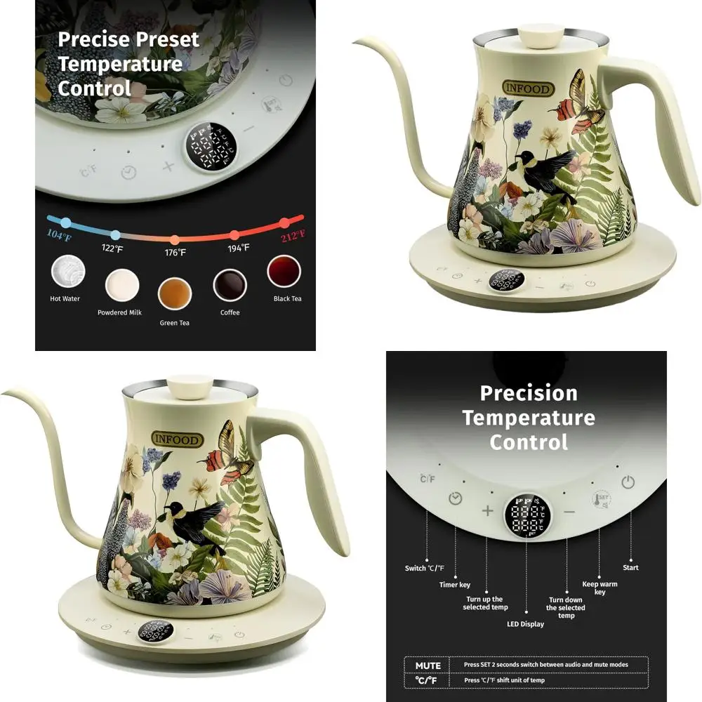 

1200W Electric Kettle, Precise Temp Control for Coffee & Tea, Fast Boil, Auto-Off, Scheduling, Stainless Steel, Floral Design