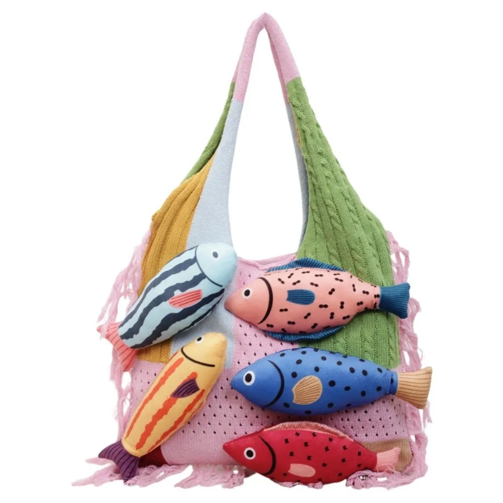 

Trendy Summer Cotton Crochet Shoulder Bag Fish Fashion Hollow Out Woven Bag Simple Contrast Color Tassels Beach Handbag Girls