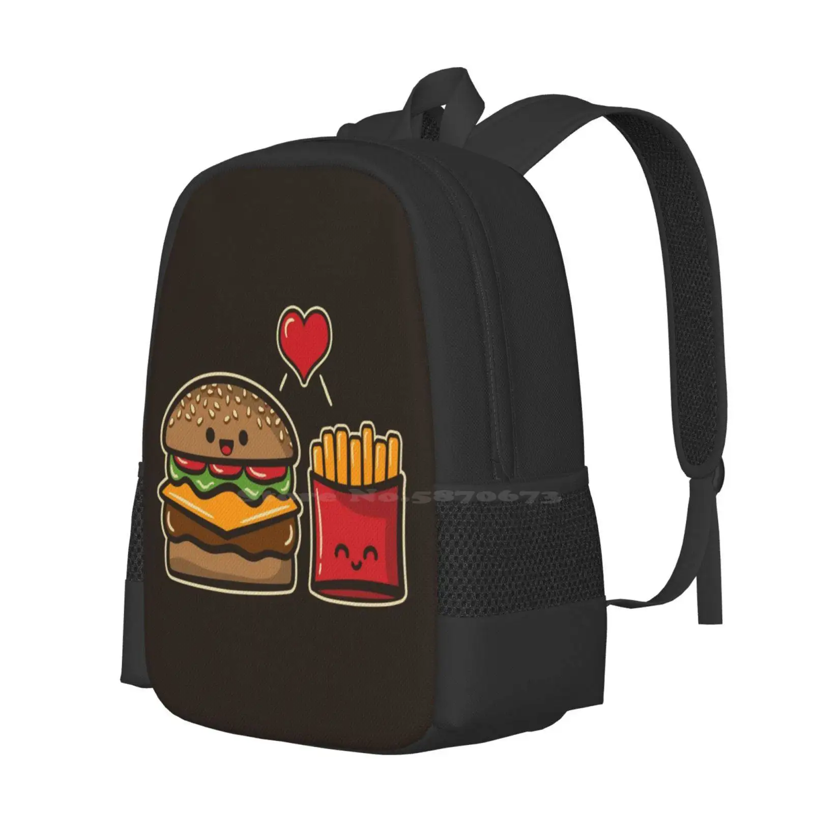 Burger And Fries Pattern Design Bag Student'S Backpack Burger Fries Love Valentines Day Cute Kawaii Foodie Food Fast Food Best