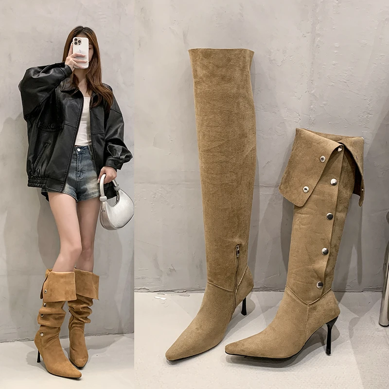 

Rivet Retro Button Knee-High Stack Boots 2026 New Style with Folded Collar and High Heels