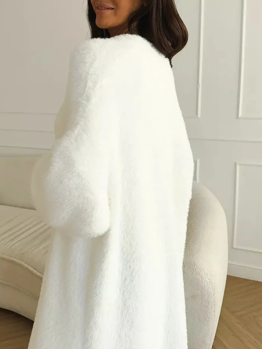 white Long Cardigan for women winter clothes Knitted fluffy long sleeve Cashmere sweater coat clotkorean style warm vintage image 5