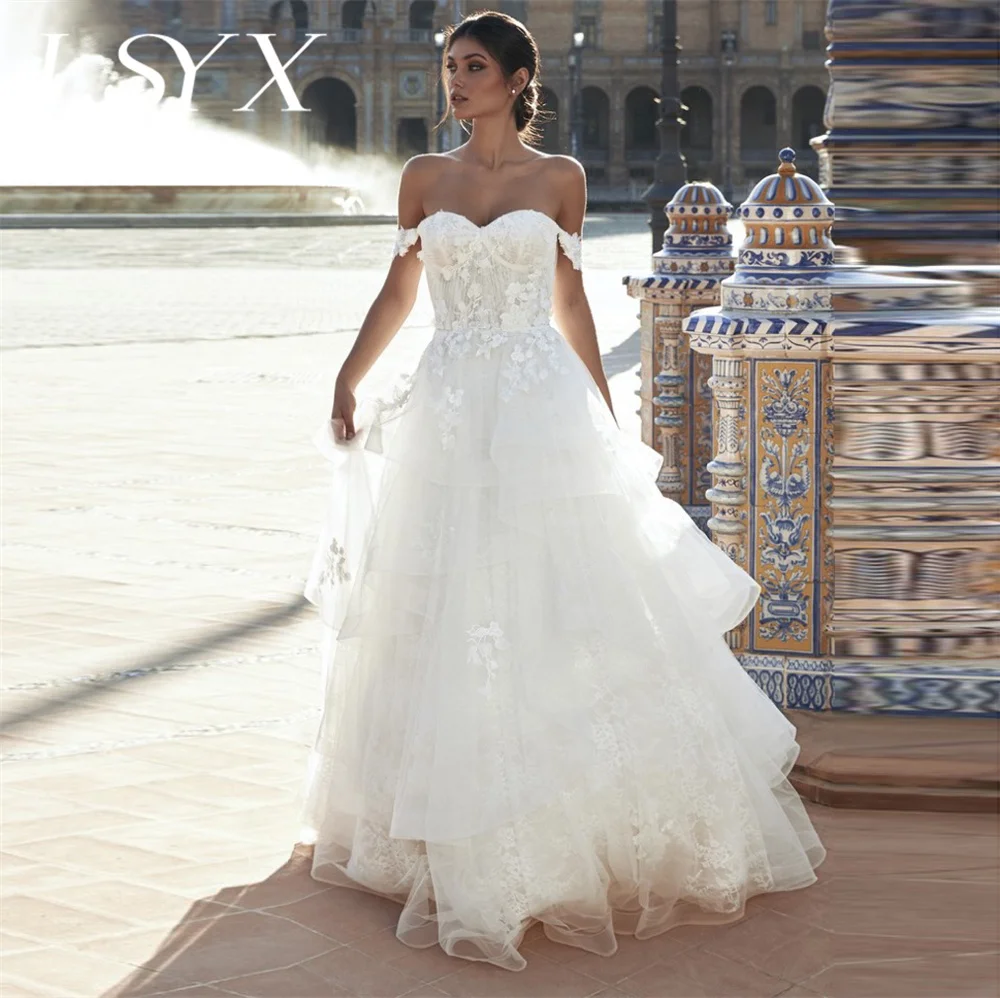 LSYX Customized Perfect Princess Off-Shoulder Tiered Appliques Wedding Dress Pleats Zipper Back A-Line Court Train Bridal Gown