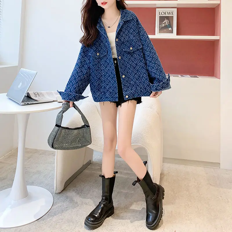 Casual Polo Collar Mid Length Cardigan Denim Jacket For Women 2024 New Autumn/winter Thin Korean Edition Upper Garment