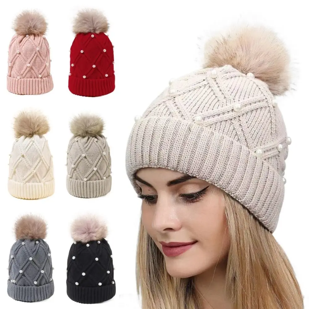 Cute with Diamond Knitted Hat Thick Flannel Warm Large Woolen Ball Cold Hat Solid Color Folded Edge Women Cap Outdoor