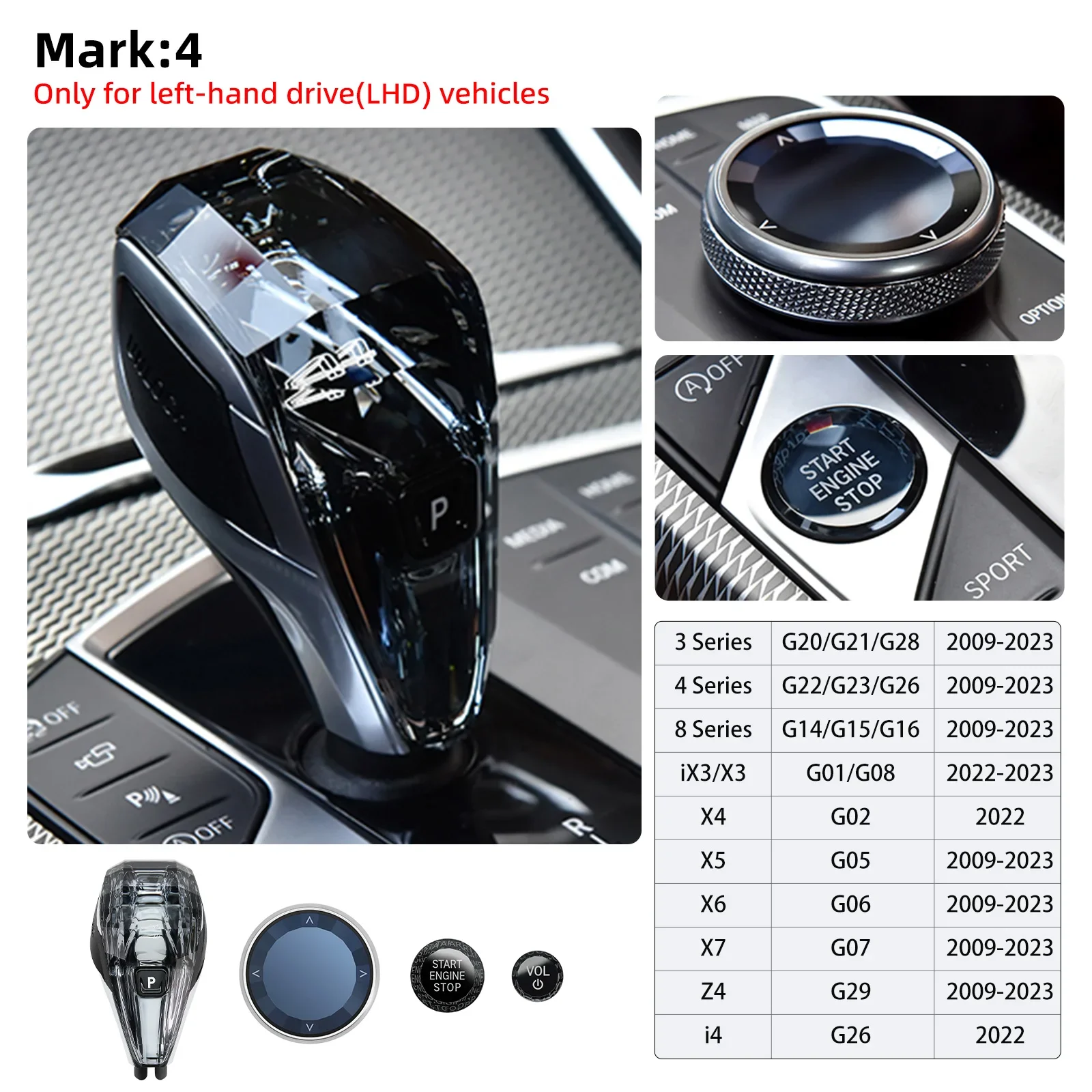 4-delige set kristallen versnellingspookknop LHD voor BMW X3/X5/X6 3/4/7 Serie G20 G21 G28 G12 X6 G06 X7 G07 iX3 G08 i4 G26 G70 X5 G05