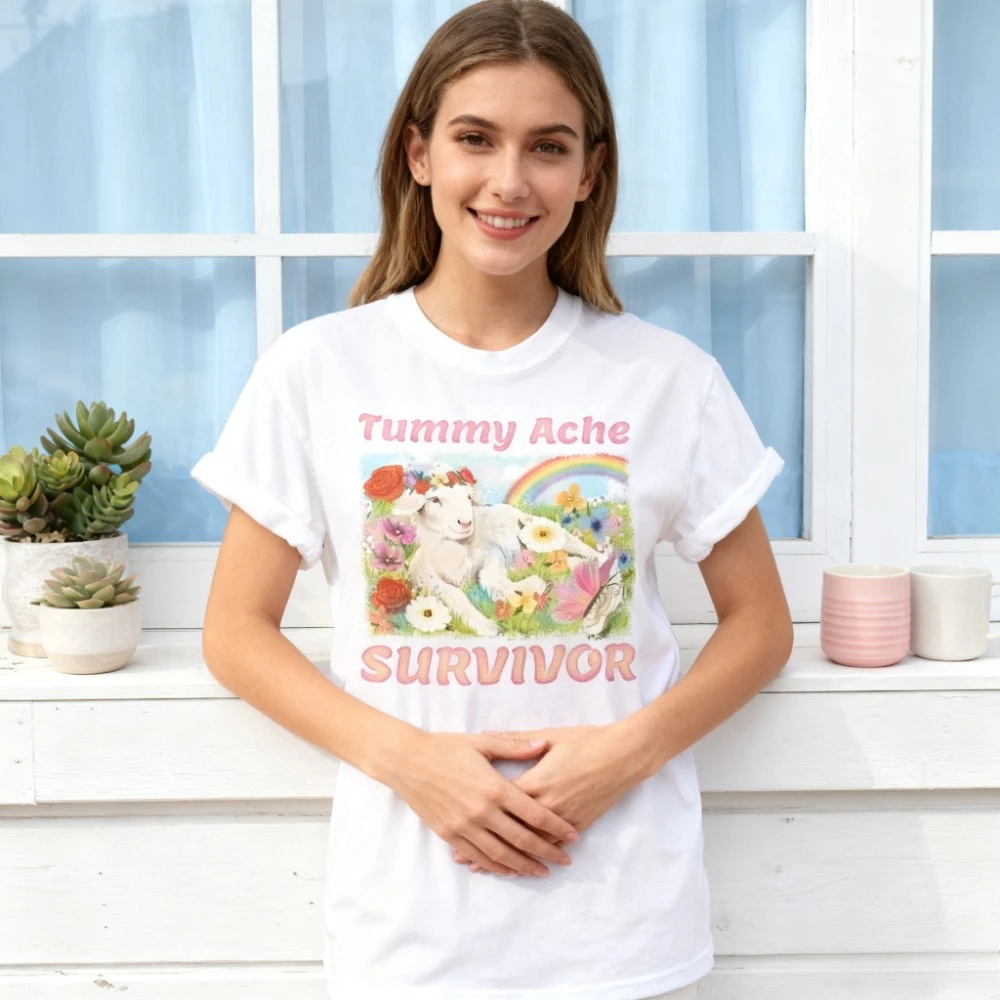 Tummy Ache Survivor Lamb Tshirt Cute Lamb Shirt Vintage T Shirt T-Shirt Funny Women Casual Cotton Tshirts Roupas Feminina