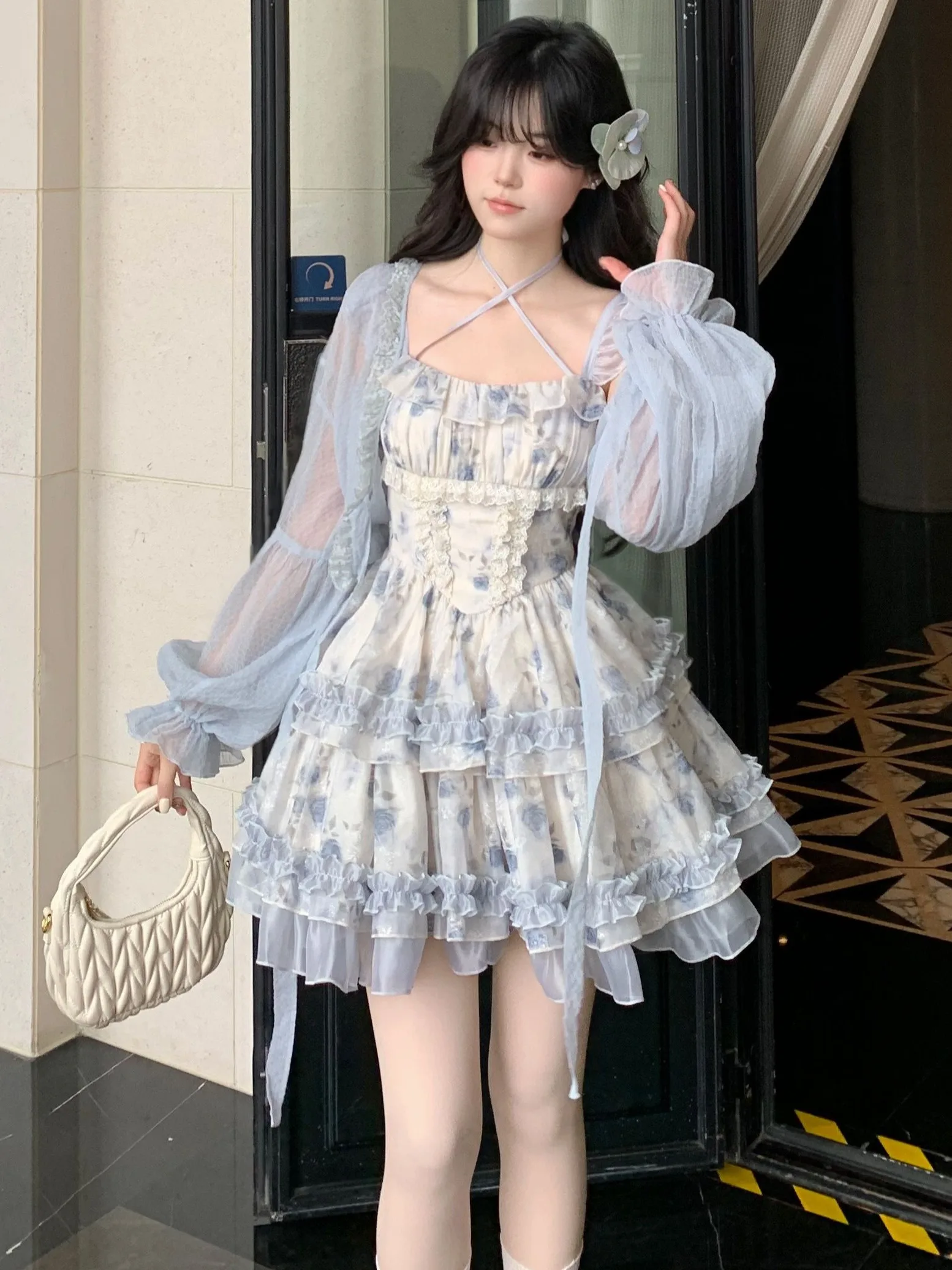 Zomer bloemenprint gezwollen rok Dr dames hoge taille knoop ort stuiterende Princ Cake Sle voor Franse Sle