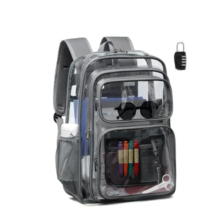 

Clear Backpack Heavy Duty -18 Inch Extra Large Bookbag 3 Front Pockets and Lock for Stadium Events, Travel, Work, College