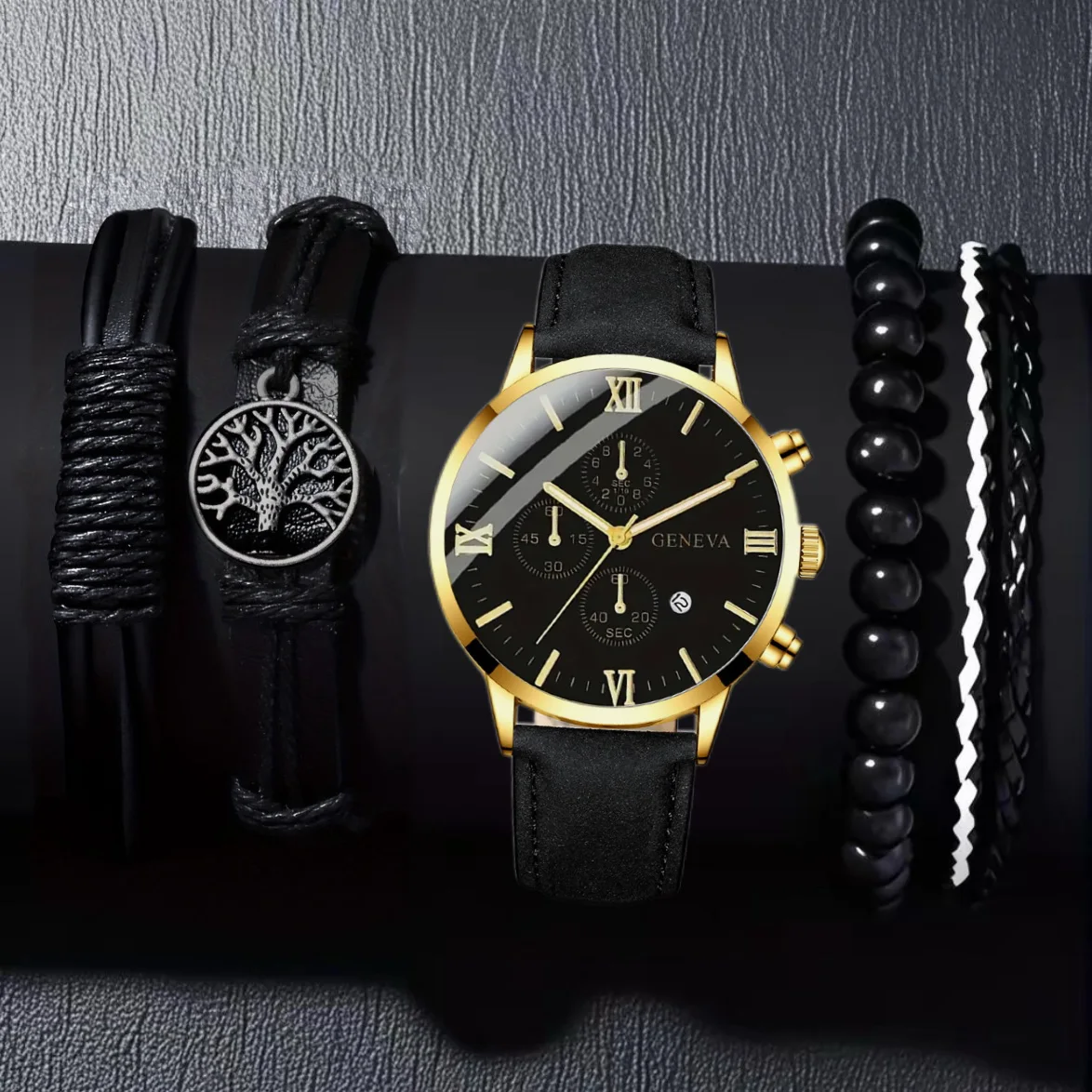 5pcs business handsome men's round dial pointer quartz watch and accessory set for daily wear and holiday gifts
