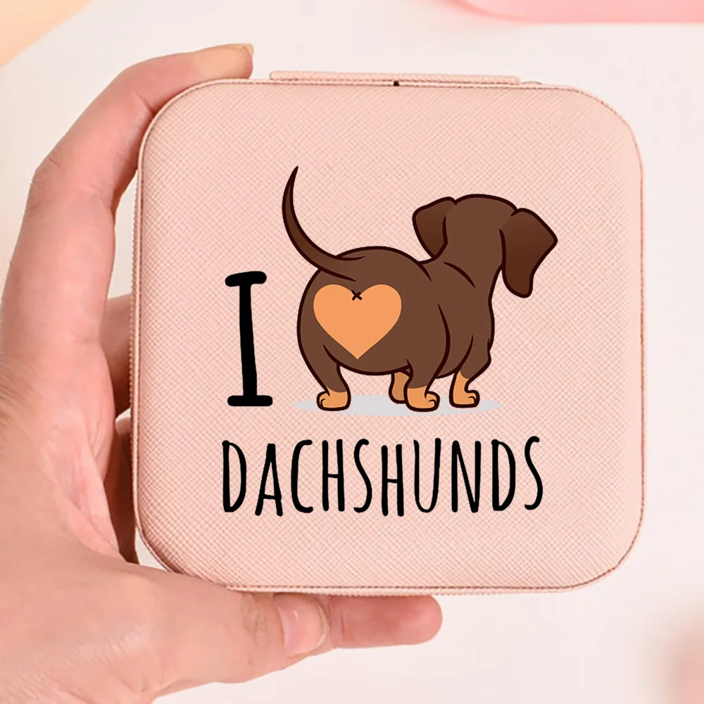 Caja de joyería con estampado I Love Dachshunds, estuche de joyería para mujer, collar de viaje, soporte para pendientes, caja de almacenamiento para anillos, regalo para amantes de los perros