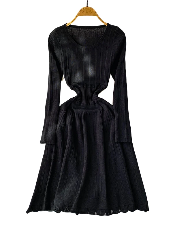 Vestido de Suéter de Malha de Manga Longa com Decote Redondo Rosa para Mulheres, Vestido de Camada Base com Cintura Psada ...