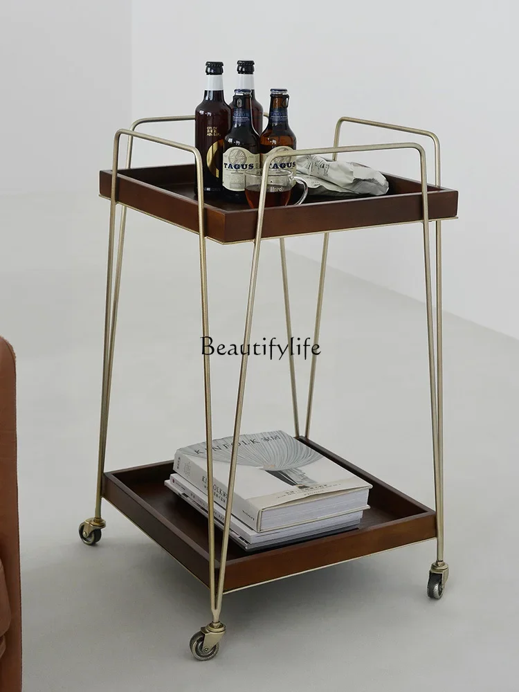 Nordic wrought iron trolley coffee table mobile wheeled wine rack double-layer wine food delivery cart