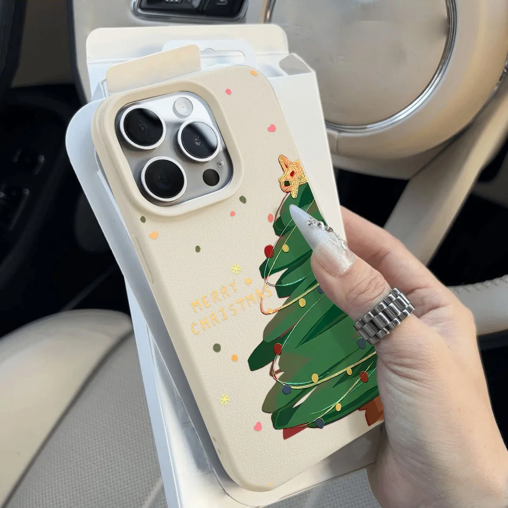 Christmas Tree Leather Painted Phone Case For iPhone 11 Pro Max 16 15 Pro 14 13 12 Cover 15 14 Plus Sockproof Protective Funda