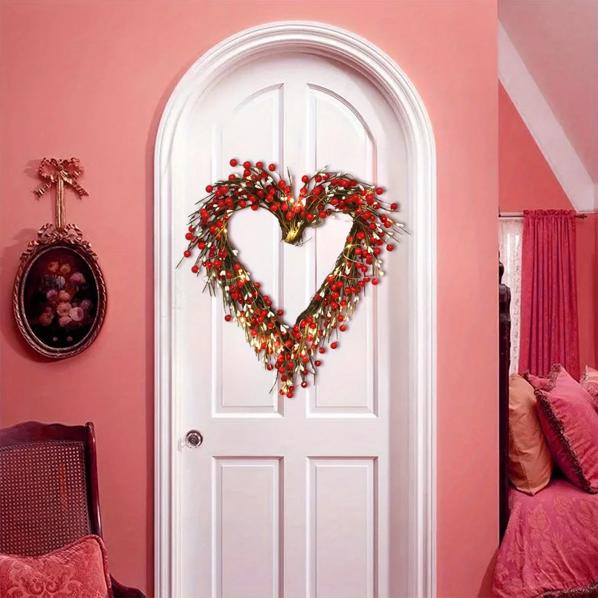 

Valentine's Day Wreath, Valentine's Day Heart Wreath with Twigs, Berries, and Lights for Living Room Wall, Staircase, Door